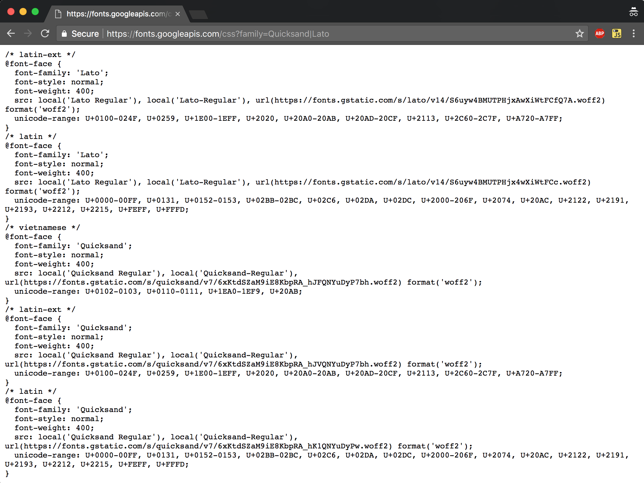 Screenshot of Google CSS file contents declaring multiple font sources