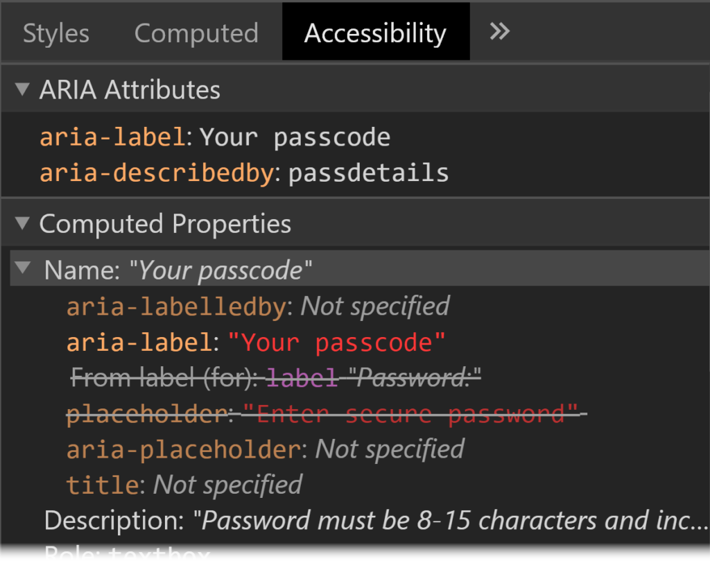 Screenshot of Chrome DevTools showing Accessibility tab with ARIA Attributes section and Computed Properties section. They show that the element has aria-label, aria-describedby, label and placeholder properties, and that the aria properties are the ones that are being applied.