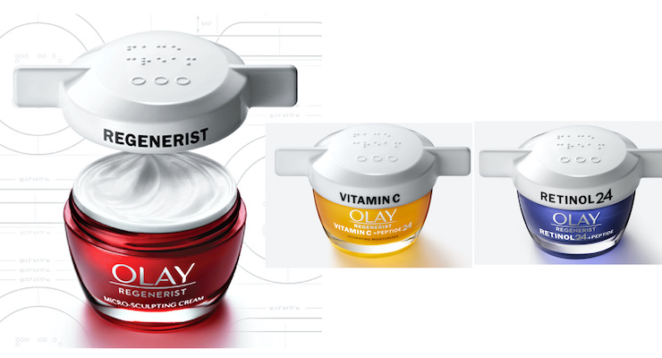 Three Olay jars of cream, in different colours, each topped with a white easy-open lid.