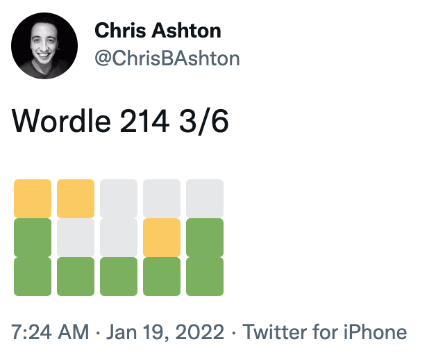Screenshot of ChrisBAshton's tweet: "Wordle 214 3/6", followed by three rows of coloured squares.